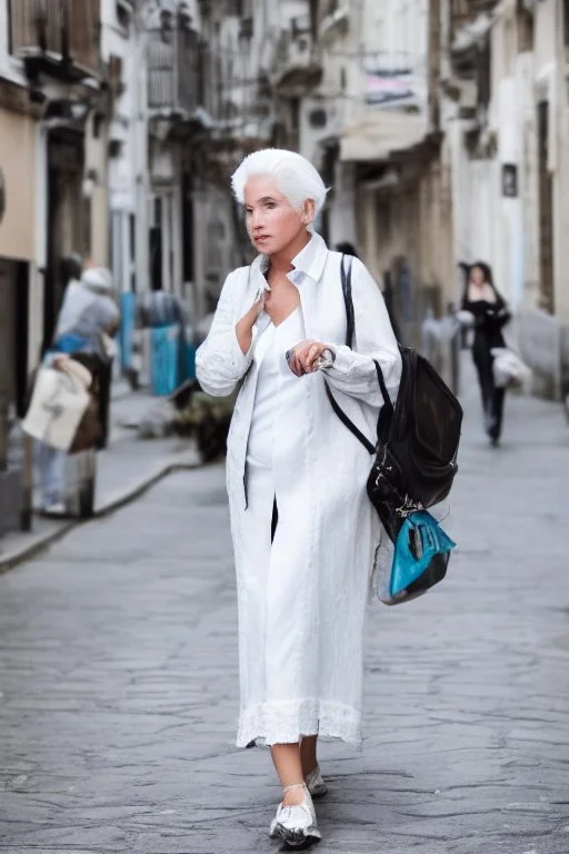 a woman white hair luxury stlye in a street