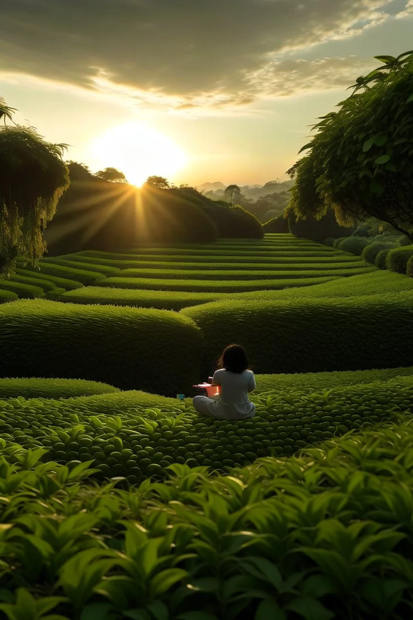 A serene, peaceful scene of a person sitting in a lush, green tea garden, surrounded by rows of tea plants and a tranquil pond, with the sun setting in the distance.