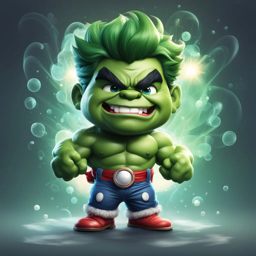 chibi cute caricature of Hulk as a 1960's clown, surrounded by will-o'-the-wisp, elegant, close wiew, dynamic pose, photorealistic rendering --ar 2:3 --stylize 500 --v 6