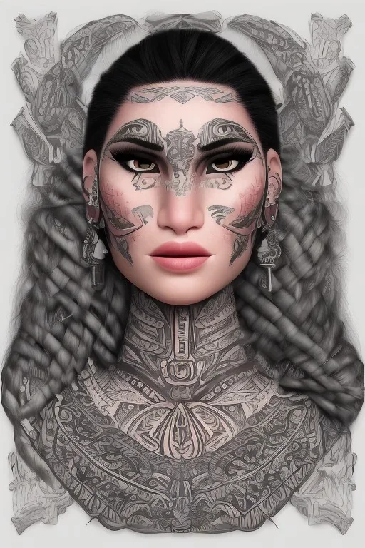  Portrait female Maori Chief half colored on neutral paper silver filigree iron maiden pastel Maori tribal tattoos, bow with arrows, full detail, 4k, style of Cosmopolitan