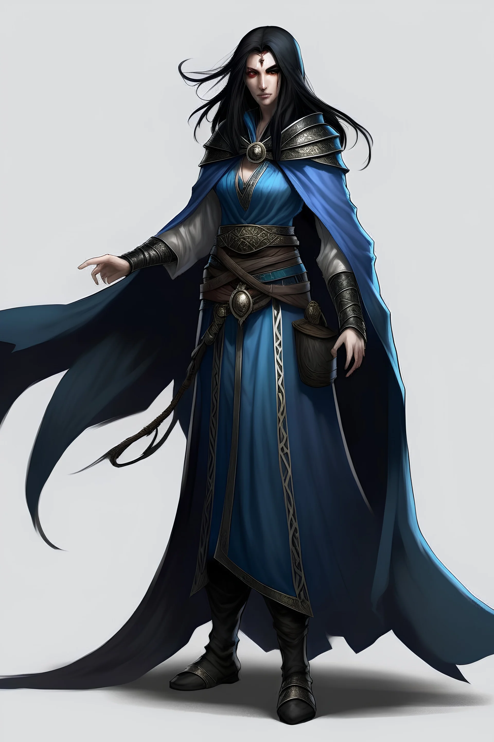 elf pirate sorcerer whole body blue cloak black hair