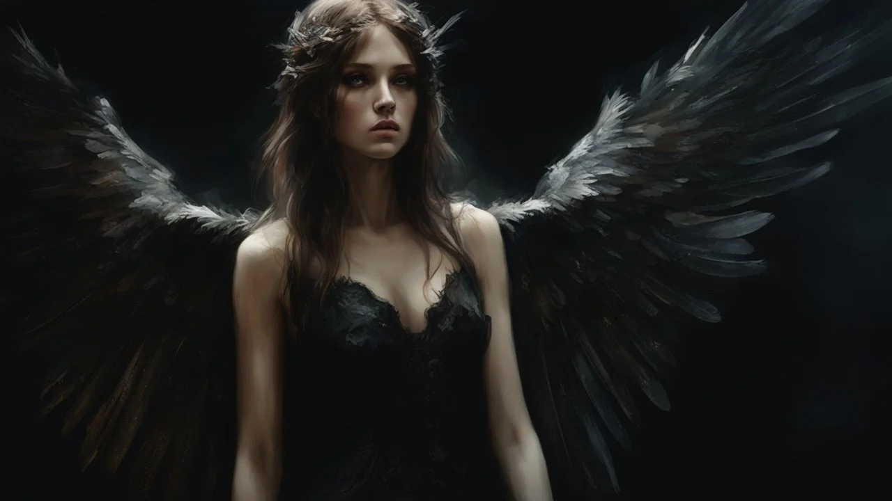 Dark and ethereal, the angel's black wings spread. Each wing carried with it an ancient story, a deep secret that hid in the shadows. cinematic detailed mysterious sharp focus high contrast dramatic volumetric lighting, :: mysterious and dark esoteric atmosphere :: digital matte painting by Jeremy Mann + Carne Griffiths + Leonid Afremov,, dramatic shading, detailed face