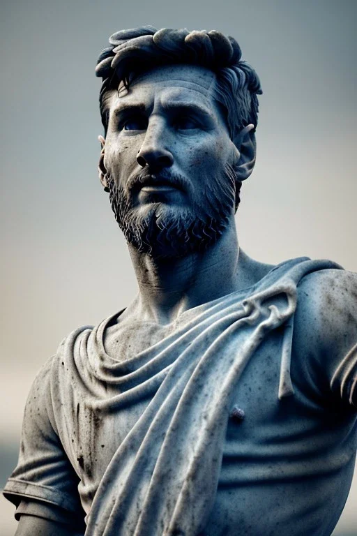 Ultra Realistic image, roman sculpture, deluxe white marble material, Lionel Messi, Renaissance style, miguel angel style, chisel style, emperor, waist up portrait, epic, celestial, cinematic lighting, God light, god rays, 4k resolution, smooth details, ornate details, unreal engine 5, blue vibrant background.