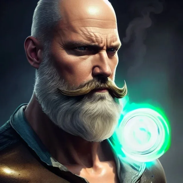 "MIddle aged white human male, with a trimmed but uneven beard, piercing green eyes with slick back hair, head and shoulders portrait, 8k resolution concept art portrait by Greg Rutkowski, Artgerm, WLOP, Alphonse Mucha dynamic lighting hyperdetailed intricately detailed Splash art trending on Artstation triadic colors Unreal Engine 5 volumetric lighting Splash art fantasy realistic digital art, blizzard entertainment, trending on artstation, award winning fantasy art"