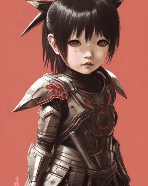 Detailed anime child girl, dark brown hair, black and red dragon scale armour, intricate details, full body portrait, keep head in frame, slight smile, black Japanese motif, concept art, highly detailed, digital painting, concept art, sharp focus, illustration, art by Yoji Shinkawa, WLOP and greg rutkowski and alphonse mucha and artgerm and yanjun Chen and Junji ito and Makoto Shinkai, HDR, octane render