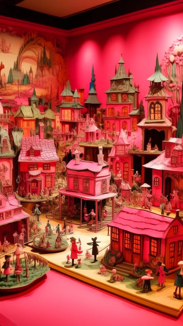 A pink magical village made out of puppets painted by Edgar Degas