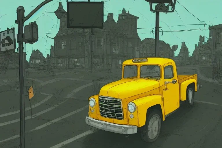 a study of cell shaded cartoon of a yellow truck on a country road, street lamps, road, illustration, wide shot, subtle colors, post grunge, concept art by josan gonzales and wlop, by james jean, victo ngai, david rubín, mike mignola, laurie greasley, highly detailed, sharp focus, alien, trending on artstation, hq, deviantart, art by artgem