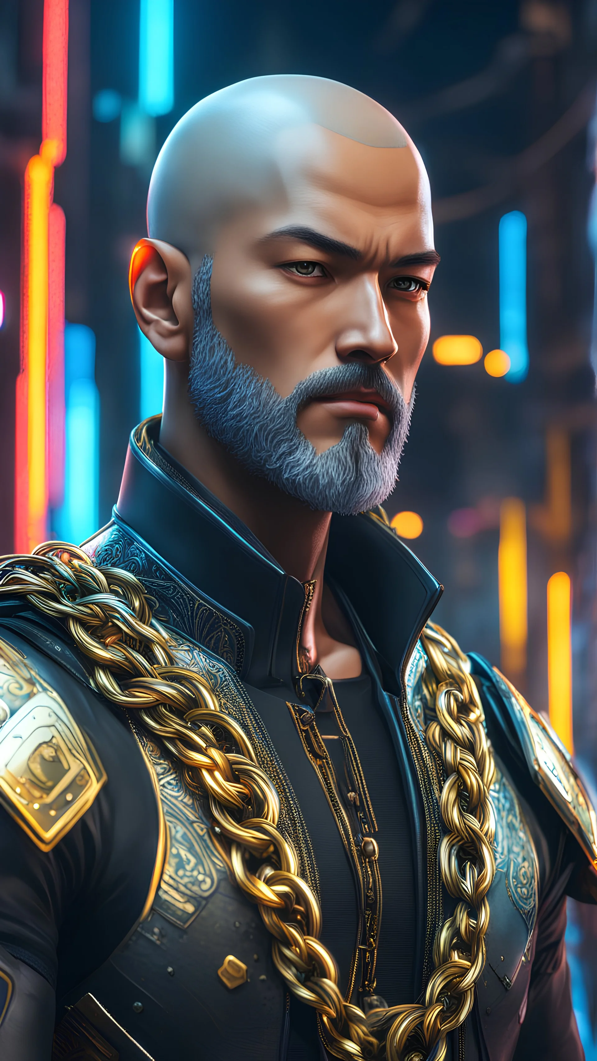 Saitama with beard in 8k cyberpunk artstyle, Chains costum, Arabic them, in the style of fairy academia, hard-edge style, agfa vista, dynamic pose, oshare kei, hurufiyya, rtx , neon lights, intricate details, highly detailed, high details, detailed portrait, masterpiece,ultra detailed, ultra quality