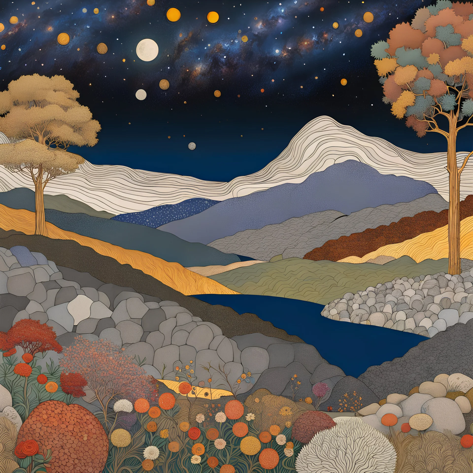 Colourful, peaceful, Egon Schiele, Max Ernst, Gustav Klimt, Vincent Van Gogh, night sky filled with galaxies and stars, rocks, trees, flowers, one-line drawing, sharp focus, 8k, deep 3d field, intricate, ornate, hypermaximalist