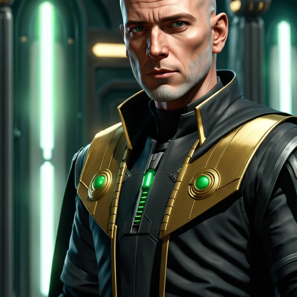 star wars bald male corellian jedi pilot wearing black and gunmetal grey old republic armored robes with gold trim inside the jedi temple holding a lightsaber with viridian green blade in left hand, centered head and shoulders portrait, hyperdetailed, dynamic lighting, hyperdetailed background, 8k resolution, volumetric lighting, light skin, fully symmetric details