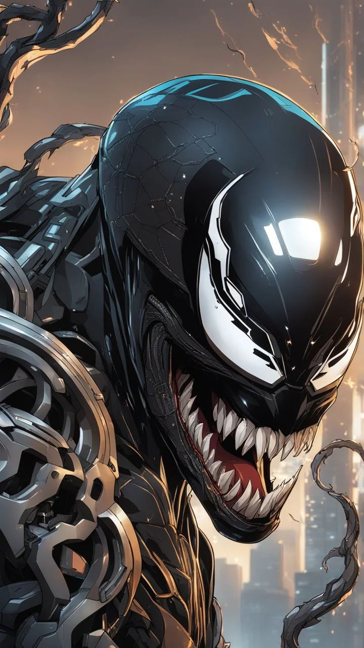 Venom with no eyes mix with machine in solo leveling shadow artstyle, cyberpunk them, intricate details, highly detailed, high details, detailed portrait, masterpiece,ultra detailed,best quality