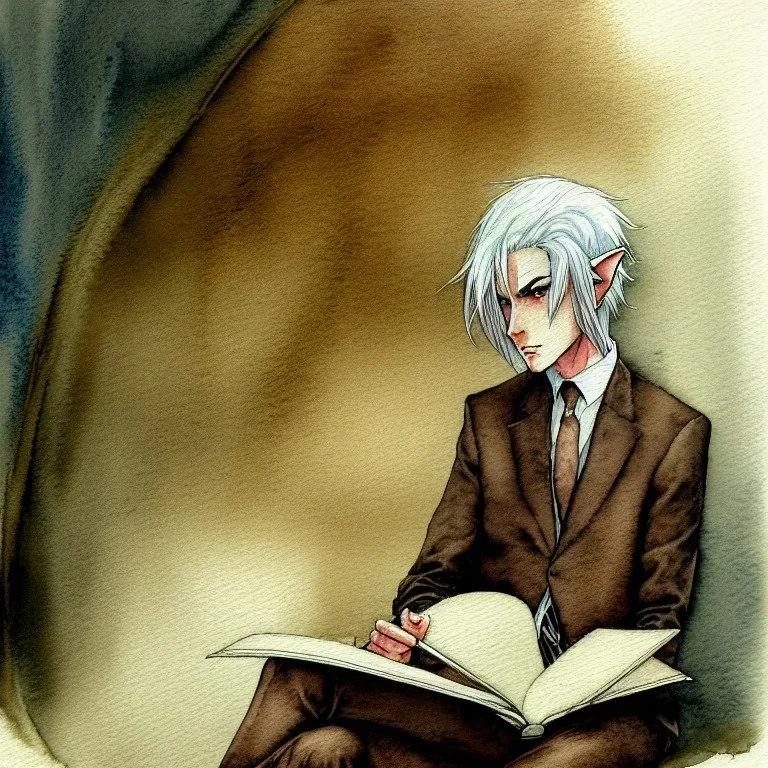 portrait of one single calm elf with white hair in brown suit reading a legendary book, fantasy character art, concept art, somber, gloomy lighting, watercolor style