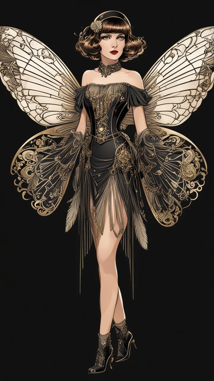 Full Body, Art Nouveau Woman With A Bob With A Fringe Hairstyle, 1920s Clothing, Steampunk Metal Moth wings, Black Background