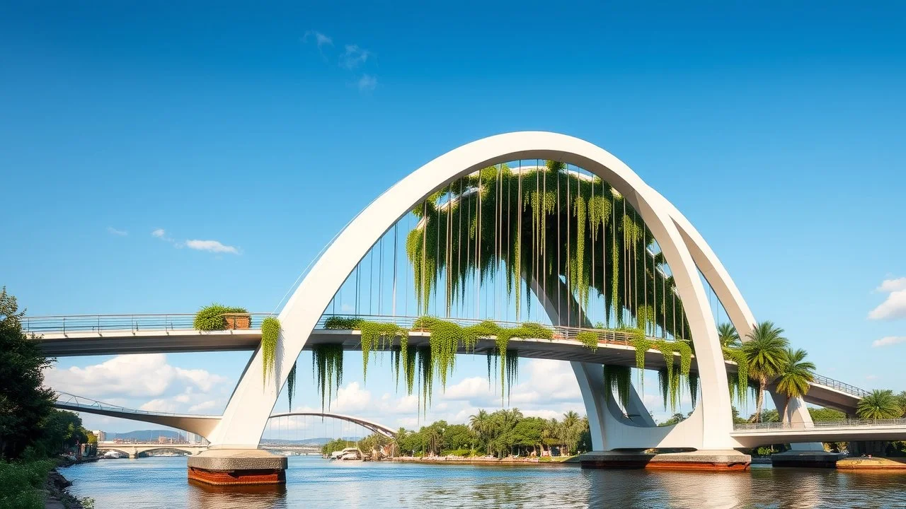 A stunning pedestrian bridge with large parabolic arches supporting the structure, gracefully rising above a river. The bridge incorporates floating gardens and hanging vines, which cascade from the arches, blending nature and mathematical precision. The elegant parabolic arcs create a sense of balance and harmony between the bridge and its natural surroundings. Award-winning photograph.