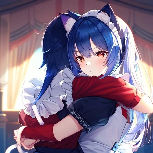 Clear Focus, High resolution, wearing a maid uniform, fluffy hair and a long ponytail, blue hair, cat ears, meowing, hugging another girl with red long fluffy hair also wearing a maid outfit, looking at you