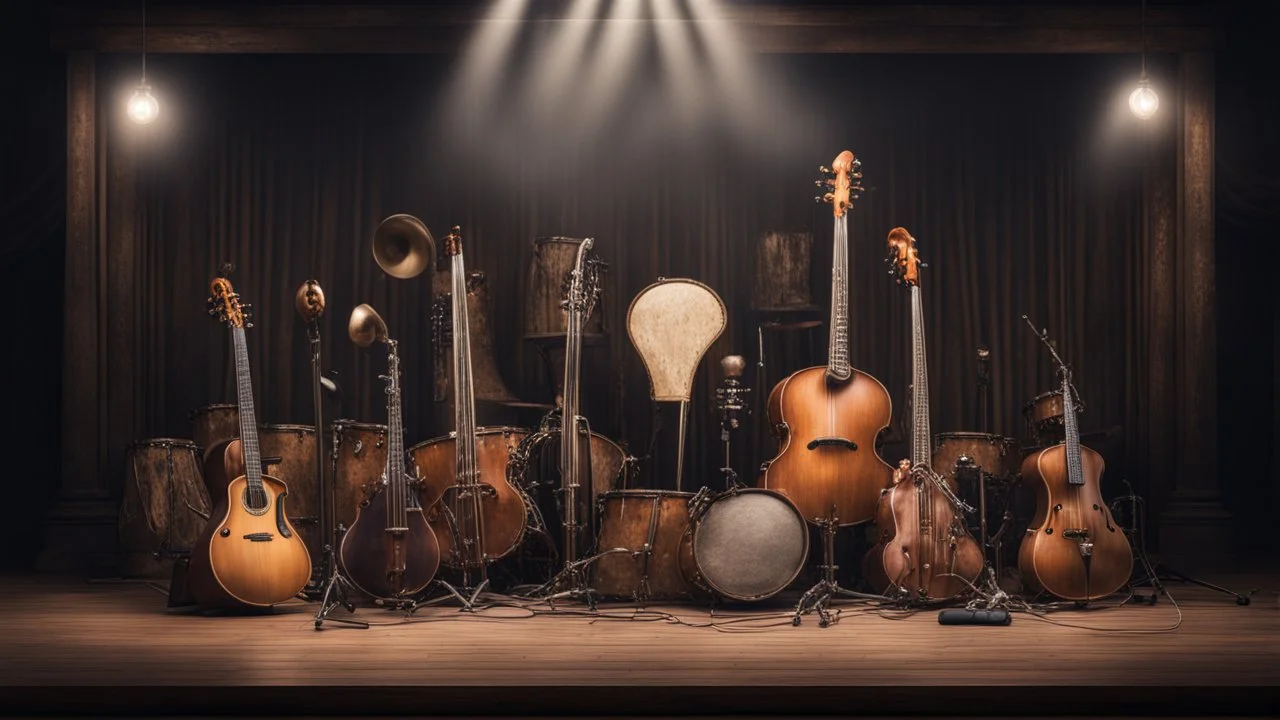 Hyper Realistic musical instruments orchestra on a dark vintage designed stage with dark grungy rustic background & vintage lights