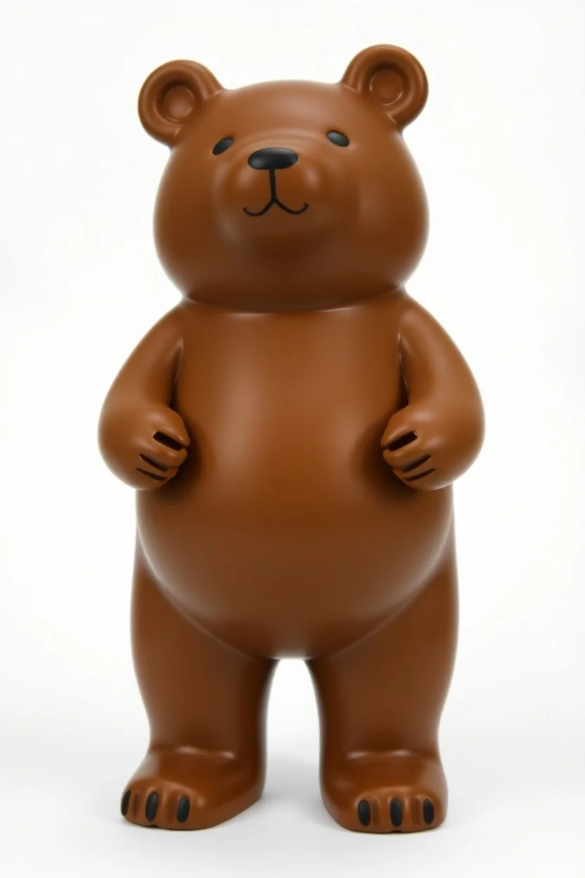 a smooth surfaced vinyl art toy in the shape of a standing fat bear with a flattened face.