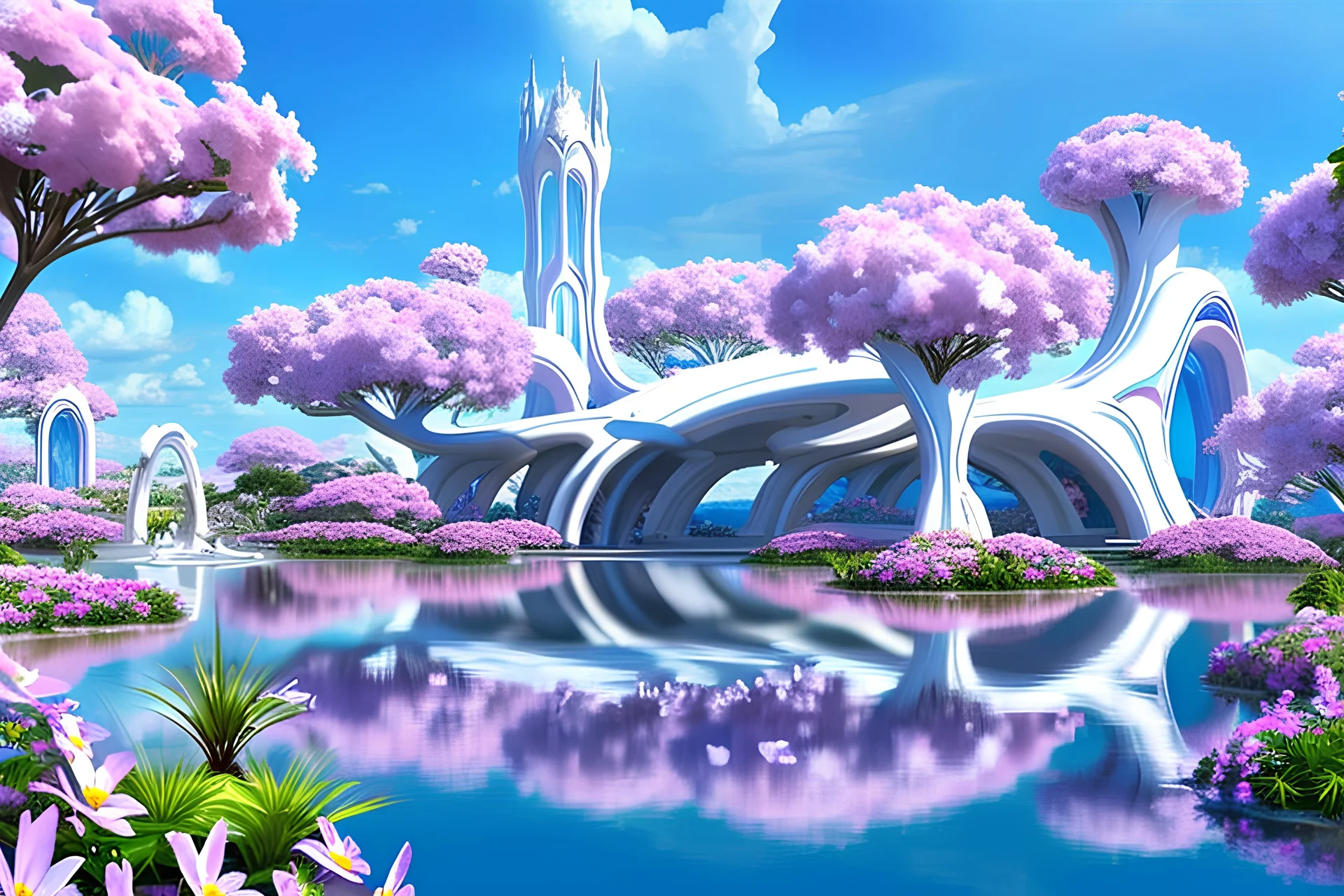 en premier plan des grandes fleurs sauvages, blanches non alignées, puis des grands arbres fleuris, couleurs bleu, blanc, rose,et un espace d eau, avec des gros papillons blancs ou roses, chateau futuriste et féérique , HD, Très réaliste