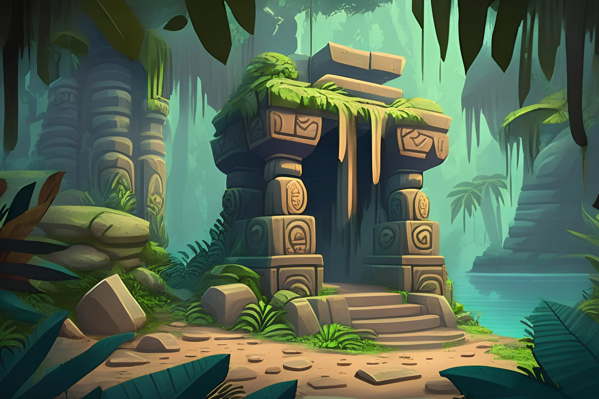 Lost Temple realistic cartoon jungle