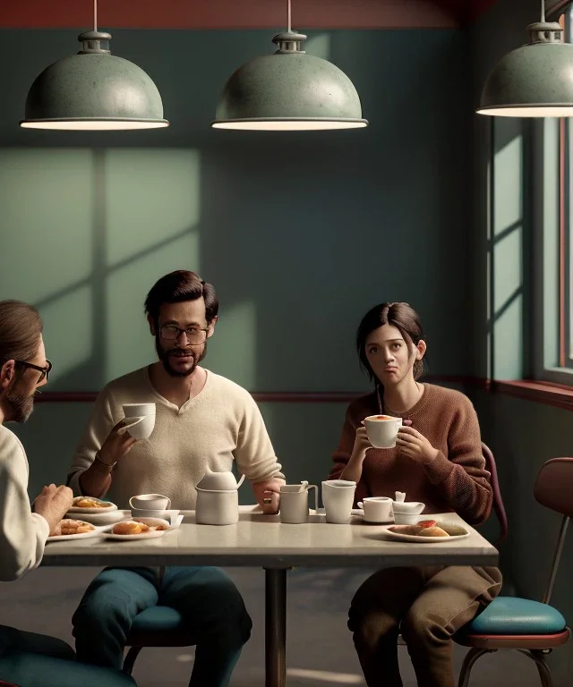 Realistic scene, man and woman sitting in cafeteria and having breakfast levitating, Wes Anderson, soft color, highly detailed, unreal engine 5, ray tracing, RTX, lumen lighting, ultra detail, volumetric lighting, 3d, finely drawn, high definition, high resolution.