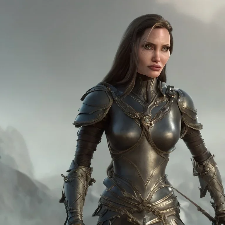 old Angelina Jolie in armor by greg rutkowskiб close up film photo, unreal engine, octane render, trending on artstation, highly detailed, studio lighting, professional, professional ominous concept art, by artgerm and greg rutkowski, an intricate, elegant, highly detailed digital painting, concept art, smooth, sharp focus, illustration, in the style of simon stalenhag, wayne barlowe, and igor kieryluk.