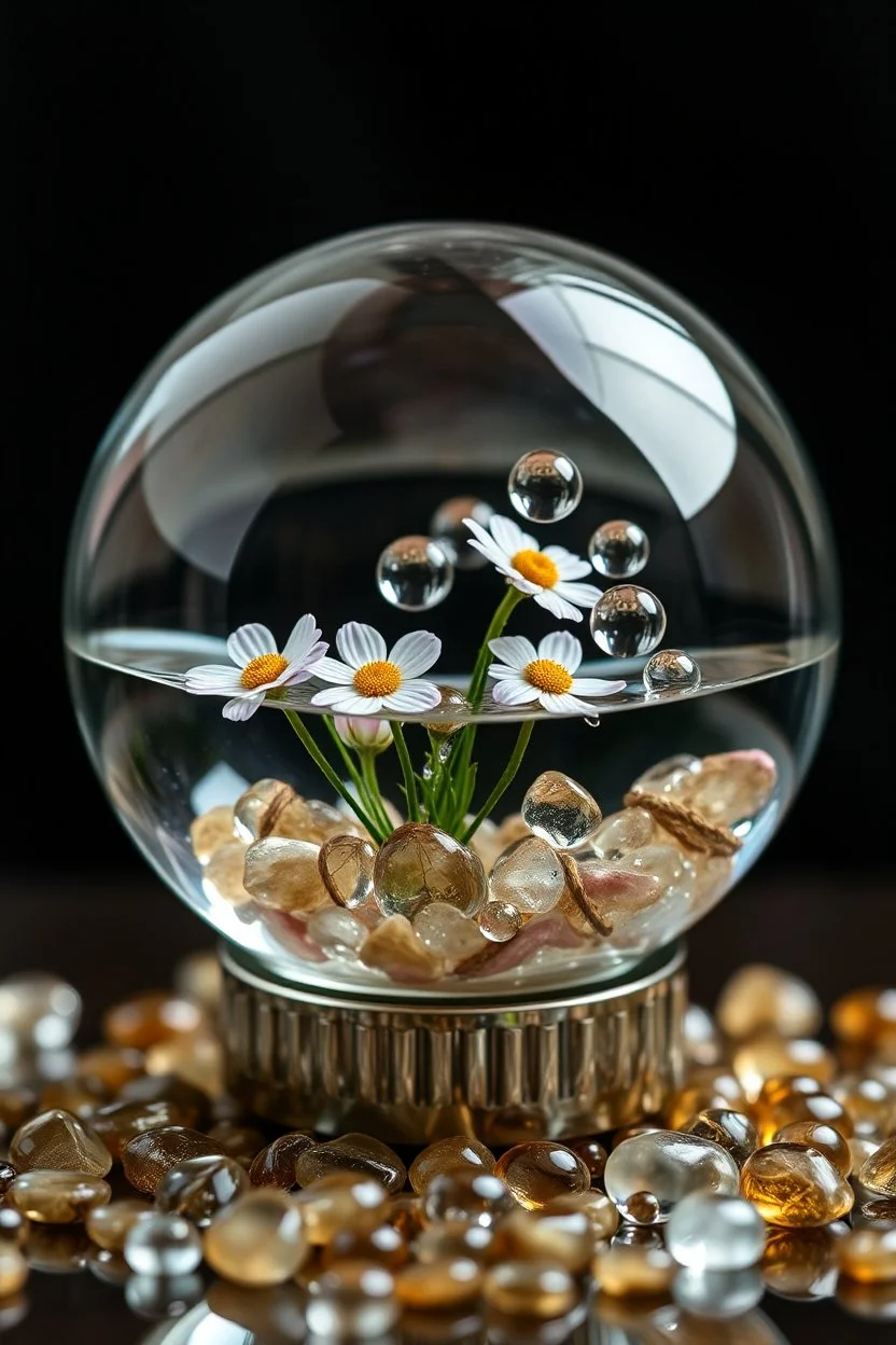 A crystal ball contains a small pond in the transparent glass pebbles, transparent glass flowers, tenderness, elegance, hyperdetail, glass threads, water drops on threads, spheres of different sizes, sophistication, crystal shine, crystal pendants, globes, rainbow rain