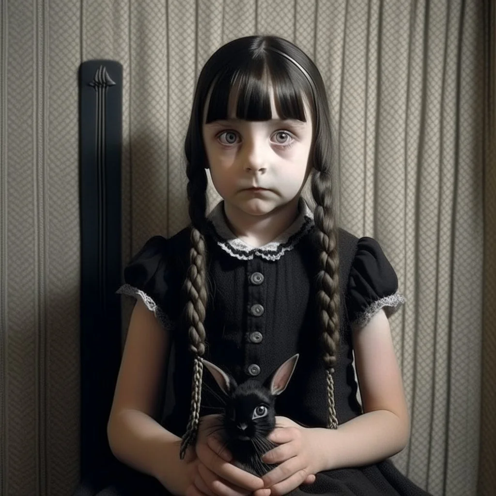 wednesday addams as a child, braids, a frange, with a black rabbit, worn polaroid, 1970s, empty room, no emotion on her cold face
