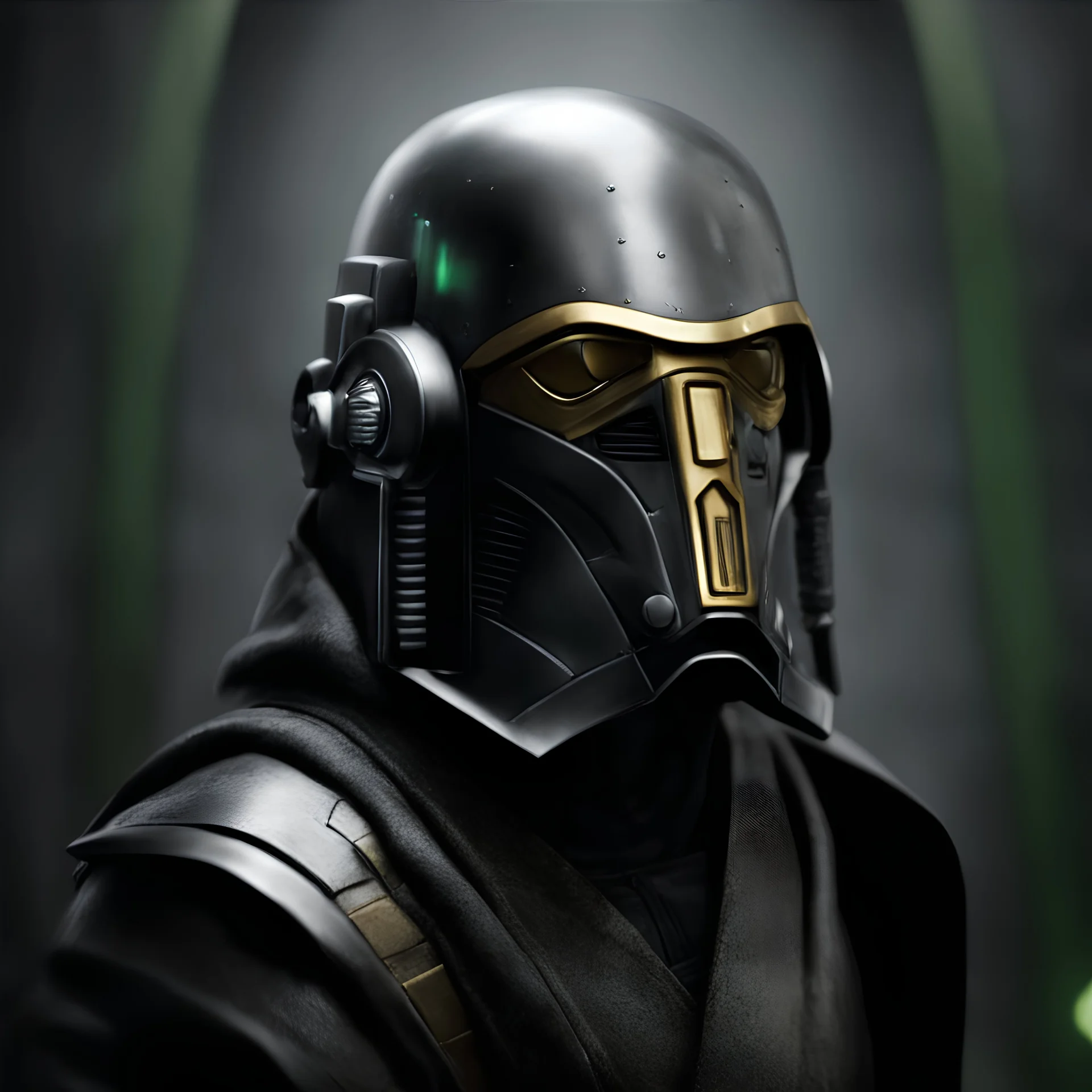 star wars bald male corellian jedi pilot wearing gunmetal grey and black old republic armored robes with gold trim inside the jedi temple holding a lightsaber with viridian green blade in left hand, centered head and shoulders portrait, hyperdetailed, dynamic lighting, hyperdetailed background, 8k resolution, volumetric lighting, light skin, fully symmetric details