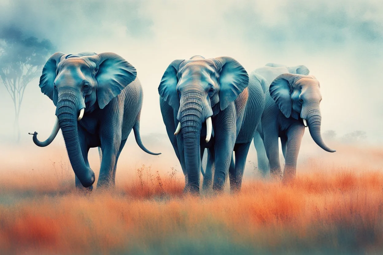 four elephants walking across a grass covered field, beautiful cinematics, running in savannah, africa, fantastic anatomy, watercolor, tint leak, hazy, colors of blue, indigo, teal and orange