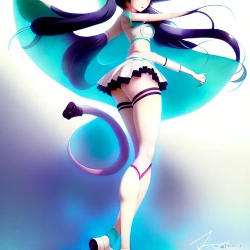  Beautiful flawless Anime art of beautiful Hatsune miku with beautifel legs by artgerm, ross tran, magali villeneuve, Greg Rutkowski, Gil Elvgren, Alberto Vargas, Earl Moran,, Art Frahm, Enoch Bolles