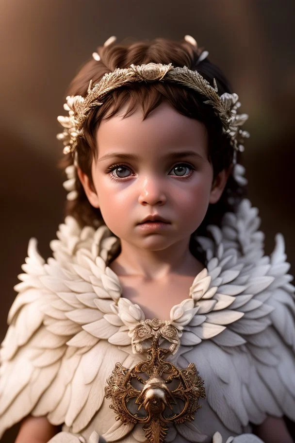 Photoreal close-up of handsome baby girl druid with angelic features and intricate ornate armor in the ice mountains at sunset, forgotten realms fantasy style by lee jeffries, 8k, high detail, smooth render, unreal engine 5, cinema 4d, HDR, dust effect, vivid colors