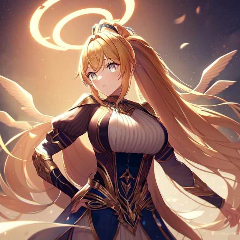 girl, masterpiece, best quality, cinematic lighting, detailed outfit, perfect eyes, golden hair long hair, ponytail, white eyes, vibrant colors, valkyrie, halo,