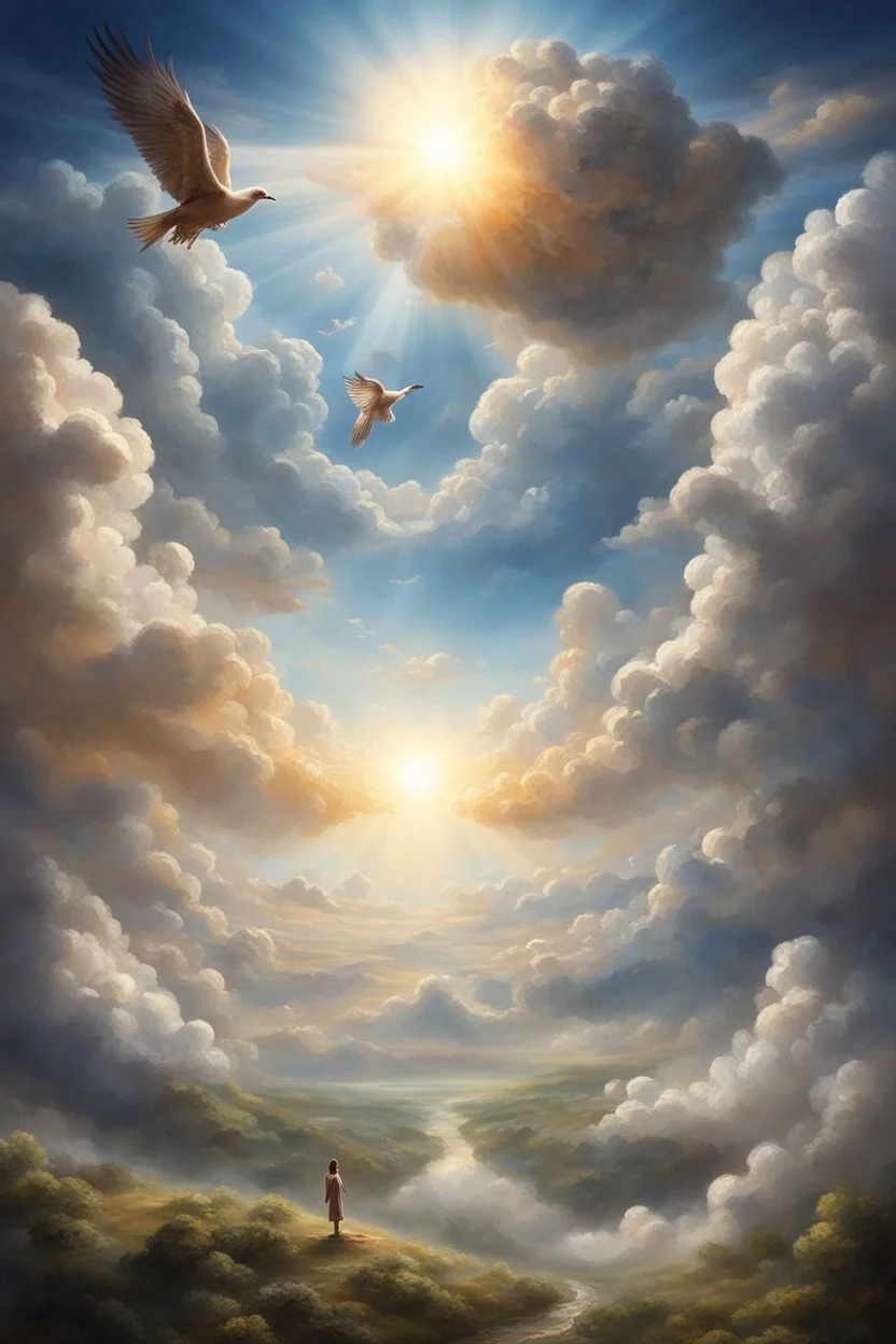 The creation of the world by God. In front of us is a valley with a beautiful landscape, where beautiful animals roam, beautiful birds fly in the sky, beautiful clouds and God in the clouds