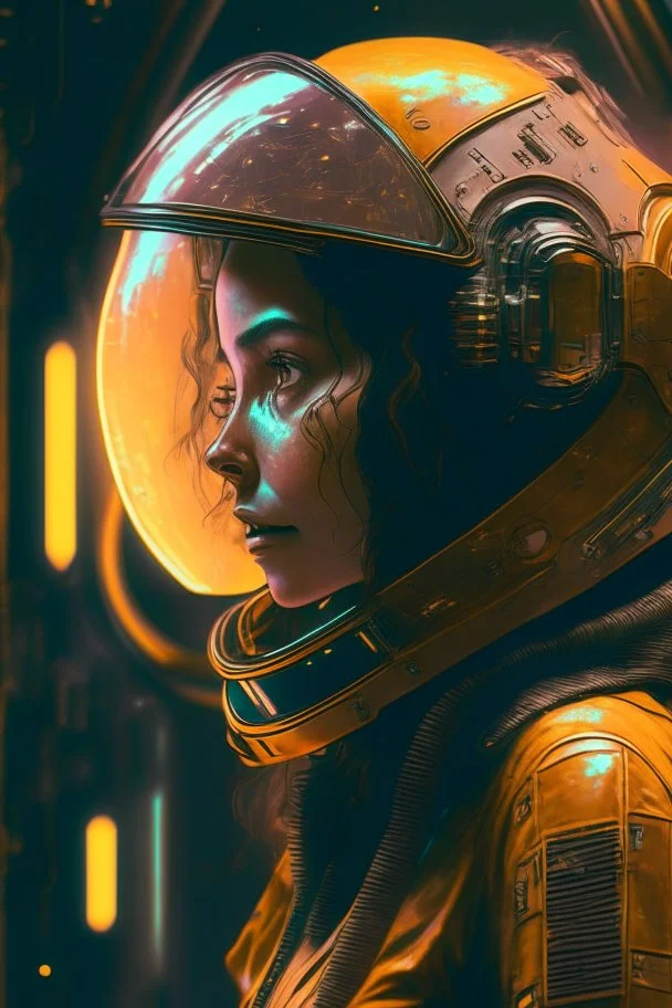 0The player is wearing an astronaut helmet, in the style of cyberpunk dystopia, 32k uhd, womancore, bronze and amber, dreamlike settings, gorecore, ivan albright –ar 107:53 –