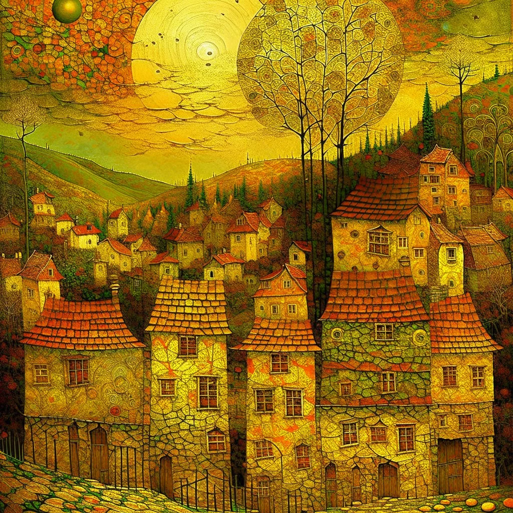 Nostalgia-evoking, breathtaking surreal masterpiece, channeling Sam Toft, Gustav Klimt, Andy Kehoe, Amanda Sage, features a quaint village scene bathed in setting sun's golden hues, painted textures conjuring yesteryears, fusion of folk art, sharp focus, studio photo, intricate details, artstation trending, highly detailed, Greg Rutkowski signature style, golden hour lighting, Modifiers: beautiful very cute visually breathtaking beautiful