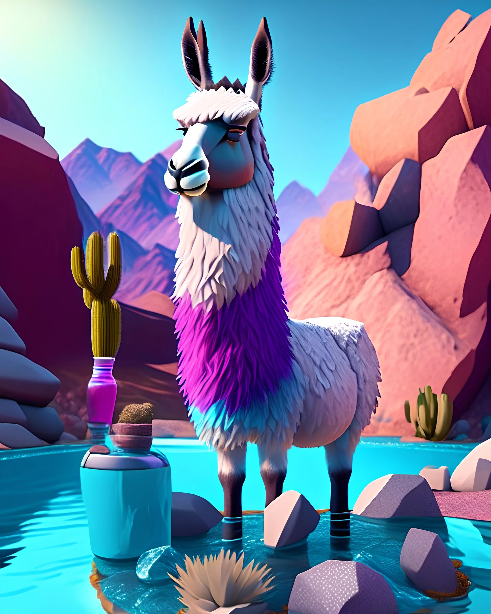 Generate an full body image of a llama has a water objects in the background and rock objects in the background objects with an anime animal style