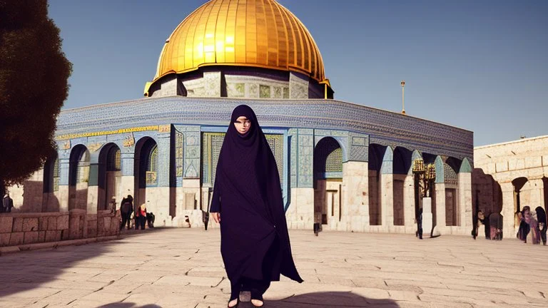 A woman wearing a keffiyeh holds the Dome of the Rock