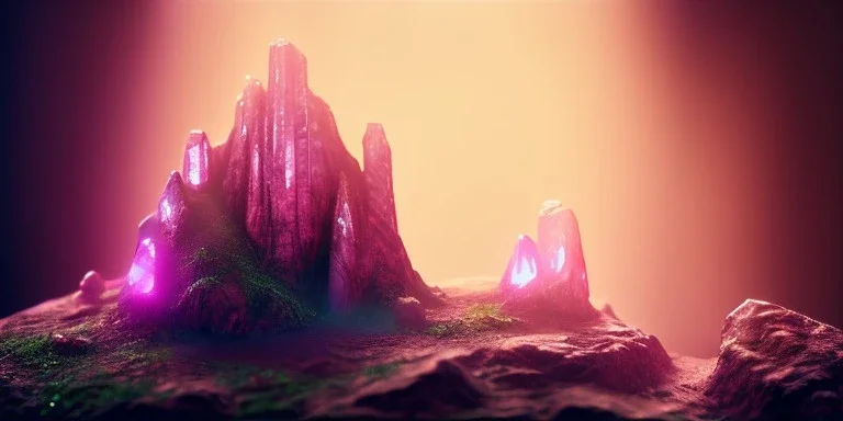 single pink crystal, on an altar in a foggy cave, cinematic,