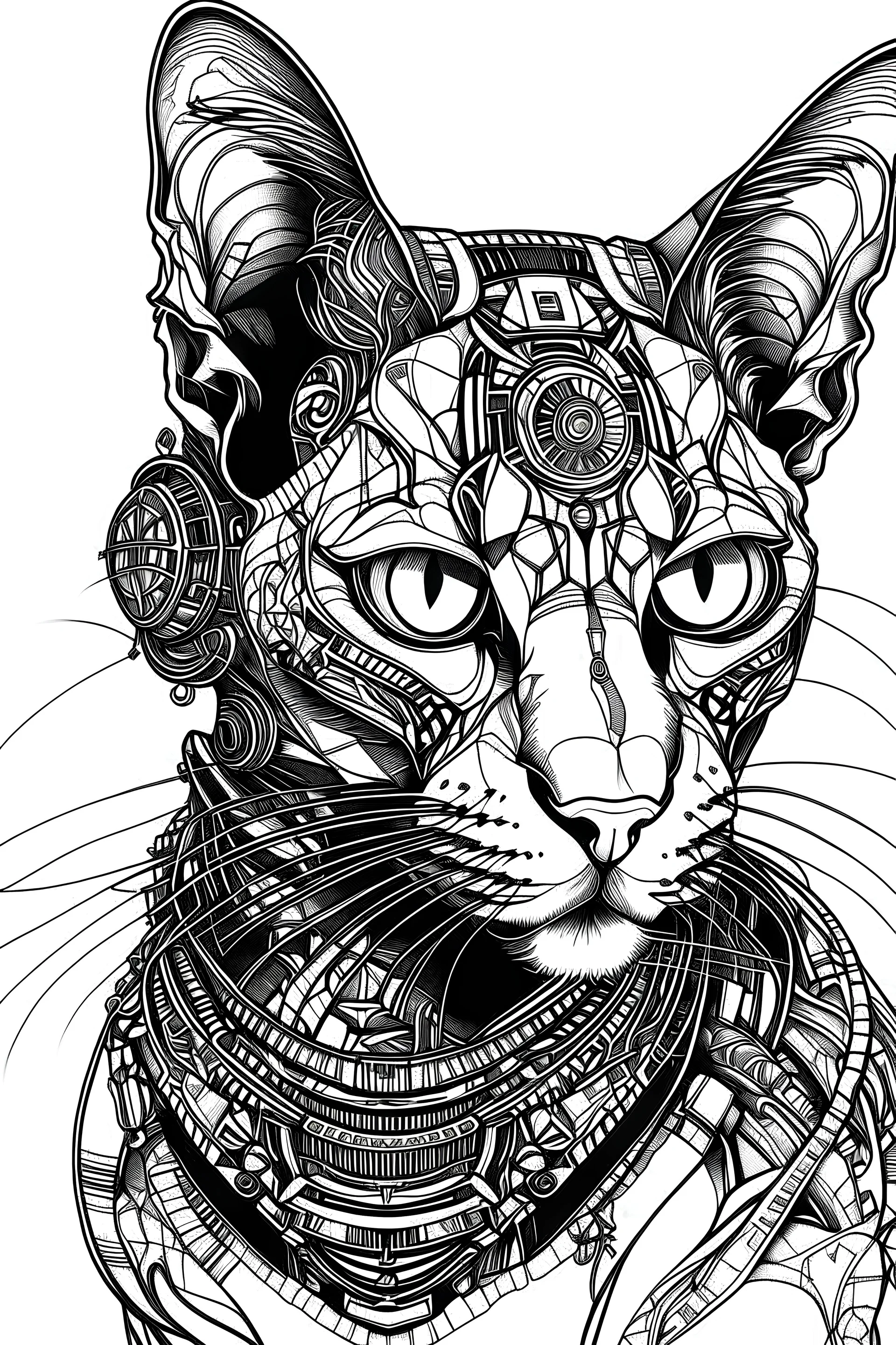 cyberpunk Sphynx cat, black and white, , high details, digital art style, thick outline art, isolated on white background