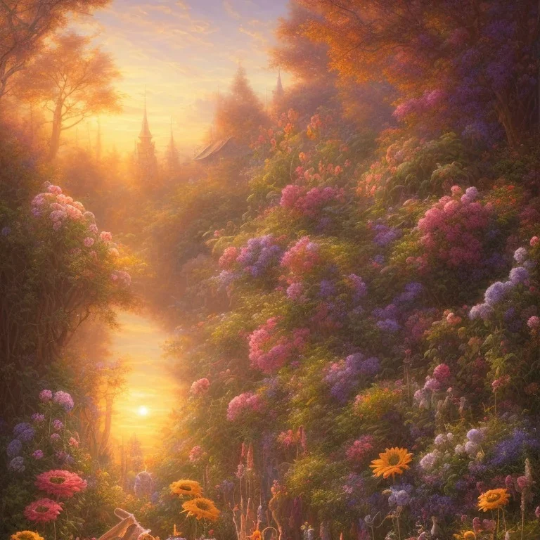 View of a beautiful sunset in the garden, oil on canvas, intricate, portrait, 8k highly professionally detailed, HDR, CGsociety, illustration painting by Mandy Jurgens and Małgorzata Kmiec and Dang My Linh and Lulu Chen and Alexis Franklin and Filip Hodas and Pascal Blanché and Bastien Lecouffe Deharme, detailed intricate ink illustration, heavenly atmosphere, detailed illustration, hd, 4k, digital art, overdetailed art, concept art, complementing colors, trending on artstation, Cgstudio