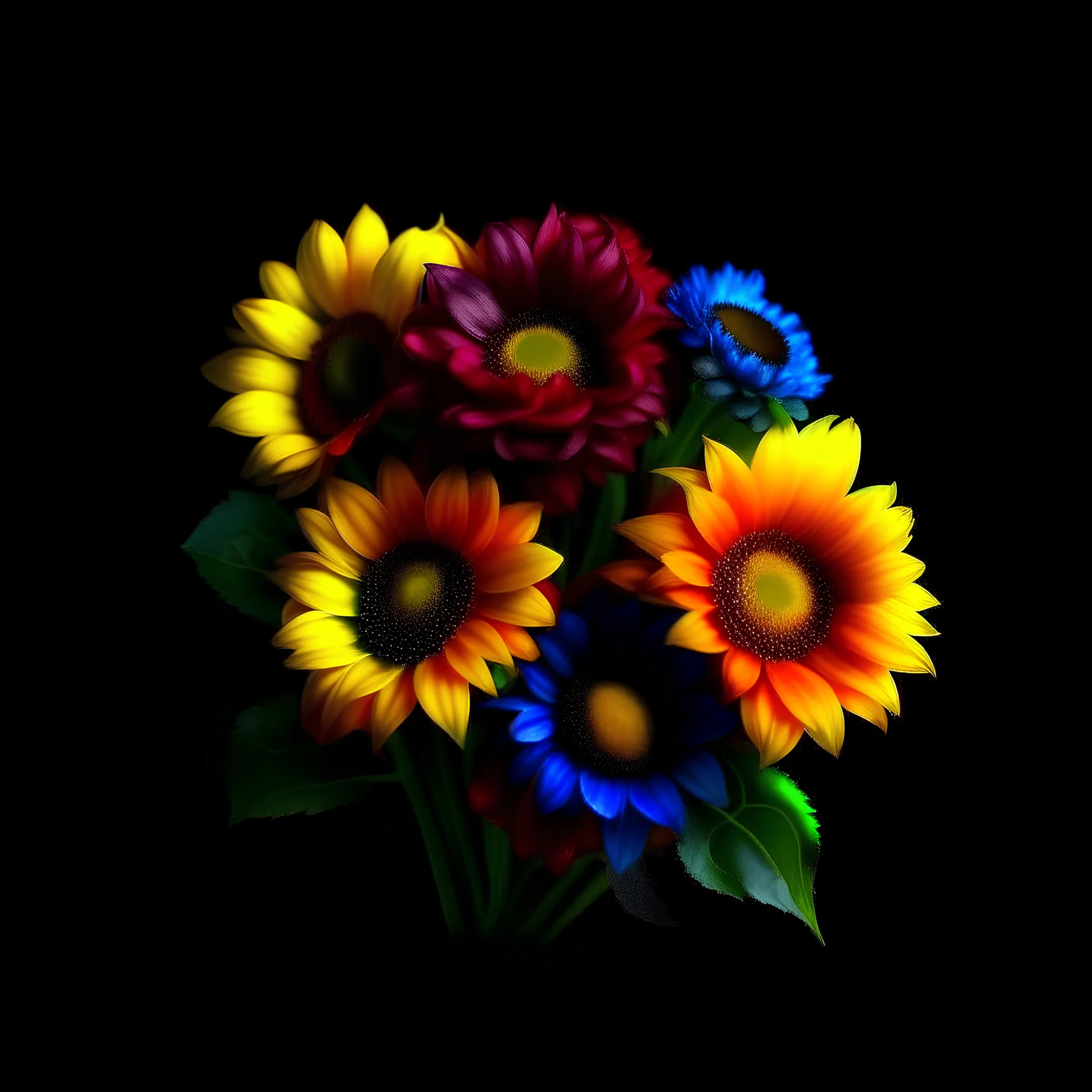 Create small bouquet sunflower colour rainbow and black background