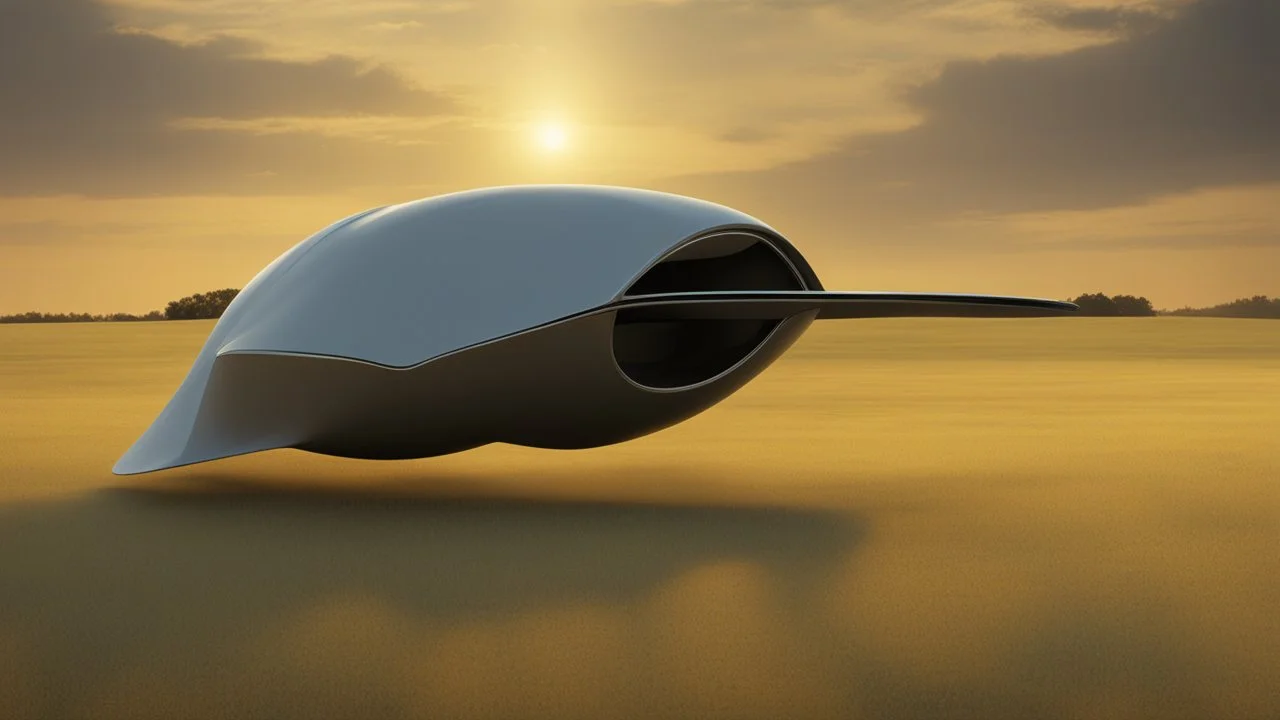 sleek, squat, cargo spaceship shaped like a manta ray, sitting in a field