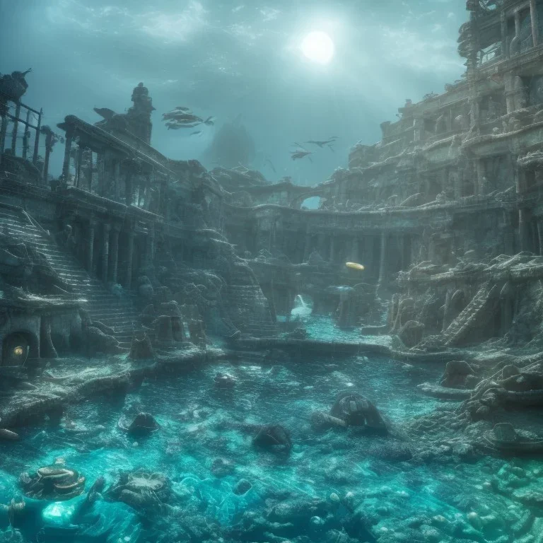 sunken underwater city of atlantis , fish swimming around, highly detailed, cinematic, ultra photorealistic, ultra realistic, volumetric lighting, sun shafts