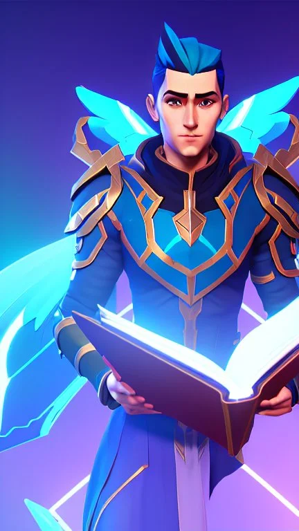 a human male with blue short hair and blue wings in assymetrical armor with geometric patterns and a book in hand, geometric wings