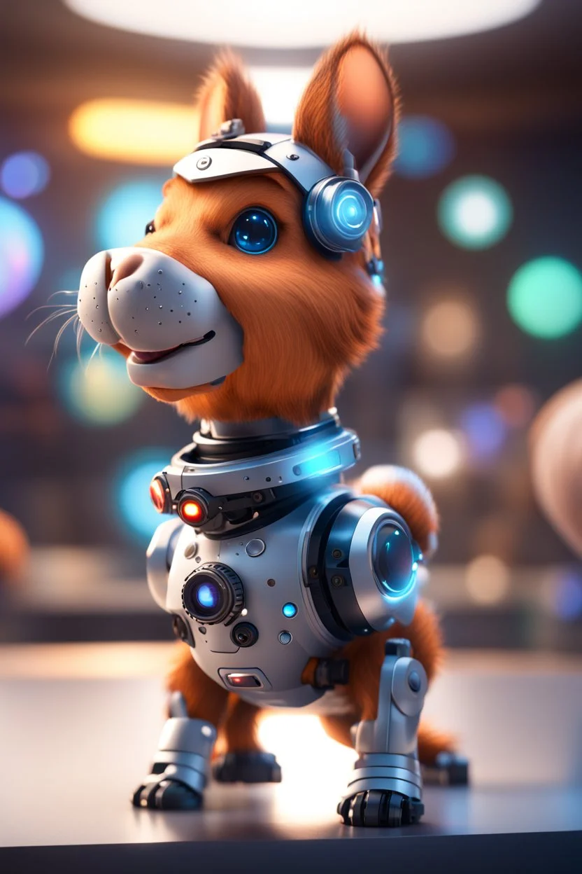 ultimate transcendent happy chat robot squirrel dog cat space hippo horse with spotlights, in advanced hi tech dock, bokeh like f/0.8, tilt-shift lens 8k, high detail, smooth render, down-light, unreal engine, prize winning