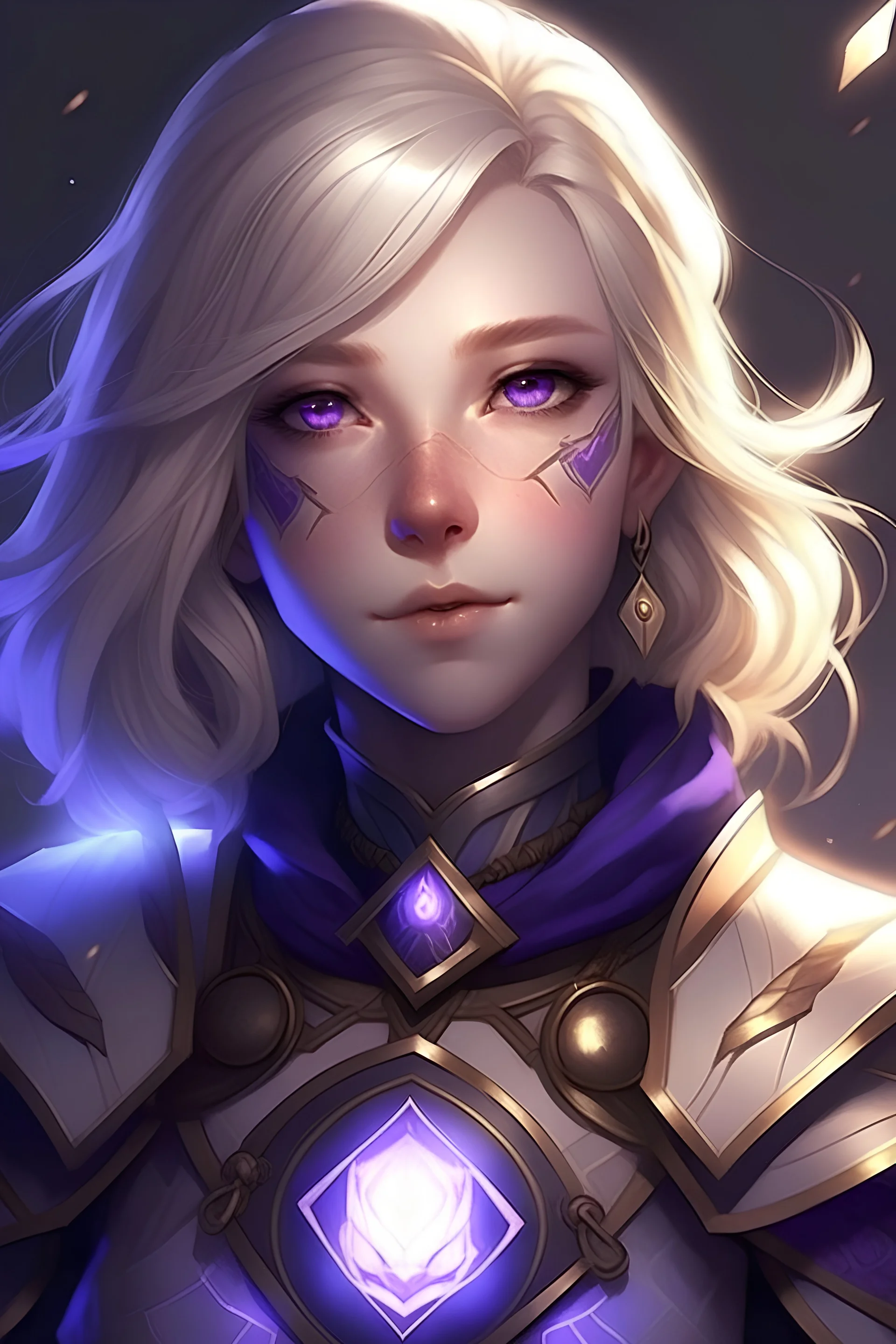Young female aasimar light gold hair dark purple eyes adventurer clothing glows with holy light purple eyes amethyst eye color tattooes