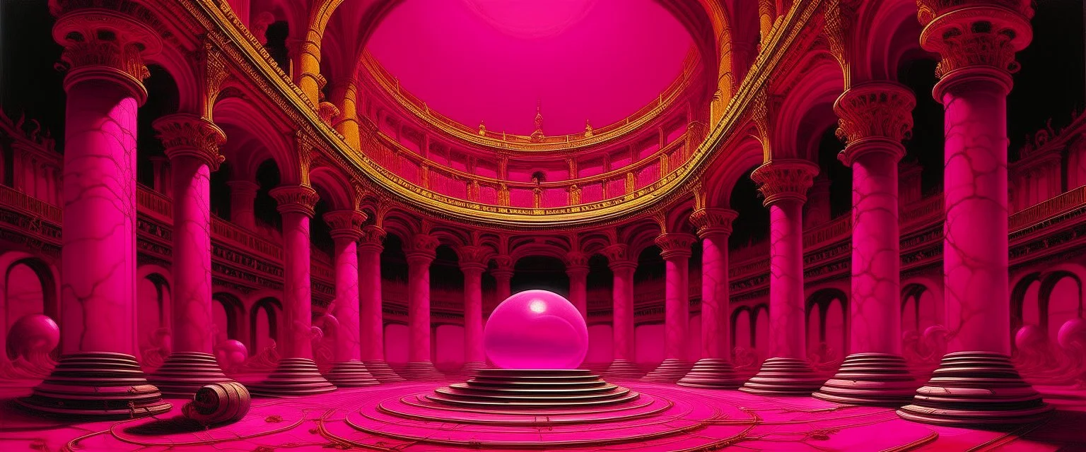 A magenta coliseum with psychic orbs painted by Henri-Robert Bresil