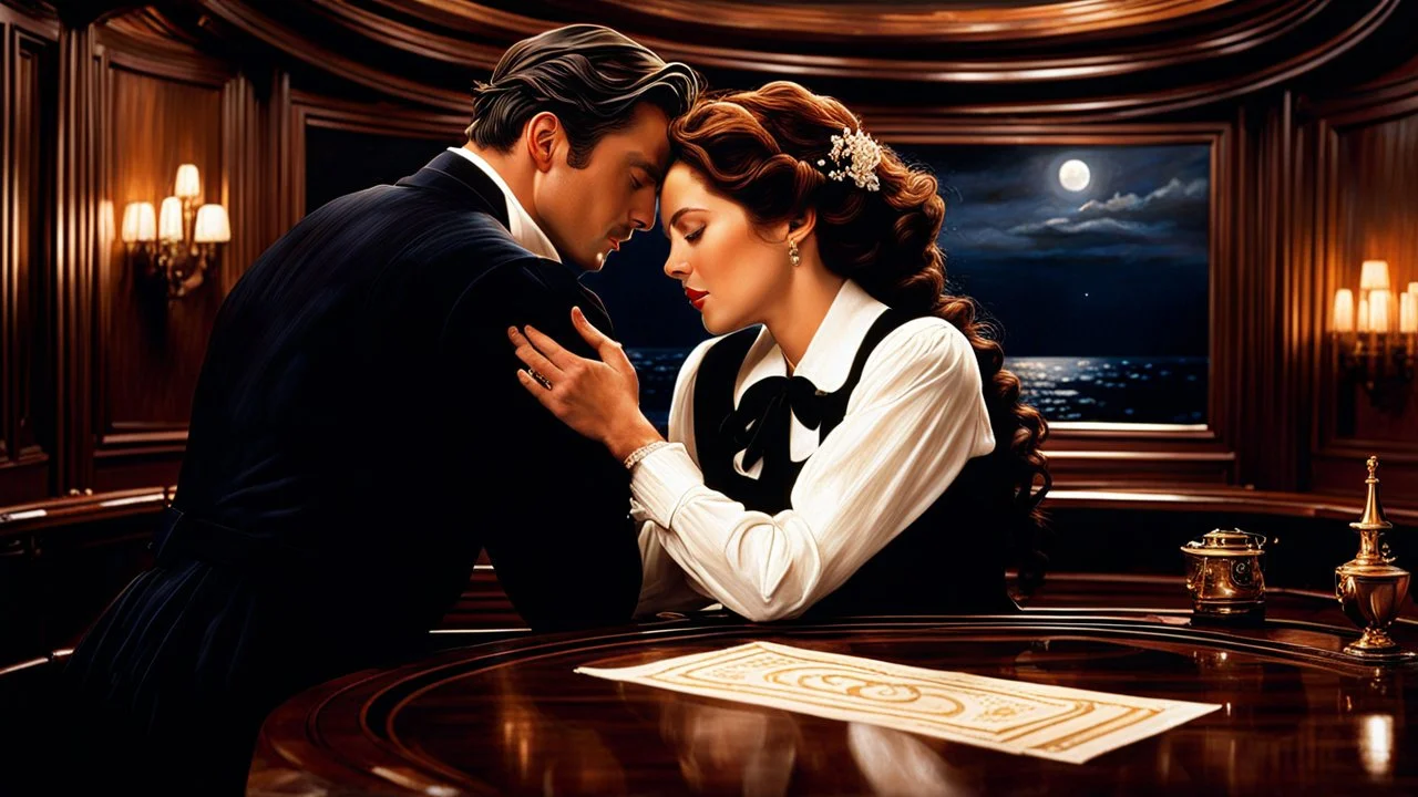 on Titanic, in the luxurious cabin where Jack and Rose share a moment of intimacy. Jack, a talented artist, decides to paint a of Rose in this iconic setting. Describe the scene in detail, capturing the emotions and atmosphere as Jack carefully paints his muse on the canvas.