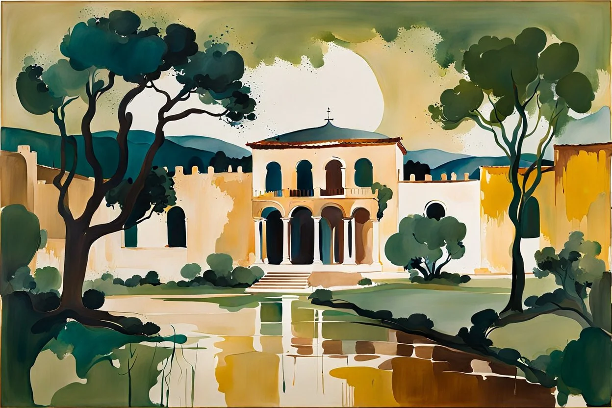 an abstract painting of an idyllic 16th century Spanish villa set amidst an ancient olive grove landscape, in the imagery-stain painting style of Helen Frankenthaler, muted natural colors, museum quality masterpiece