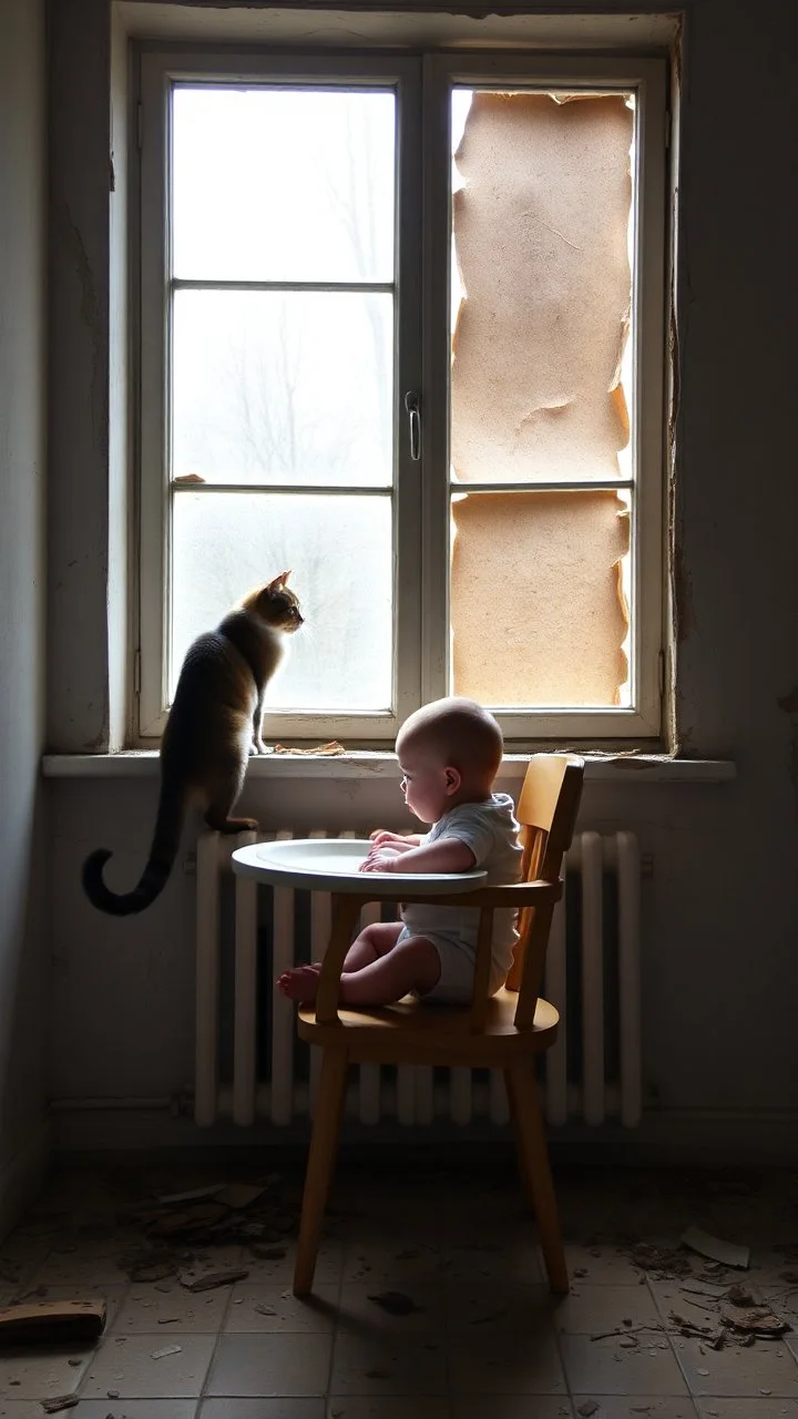 A baby sitting on baby’s eating chair in front of a big window in an abandoned damaged room , a cat out side the widow looking at him